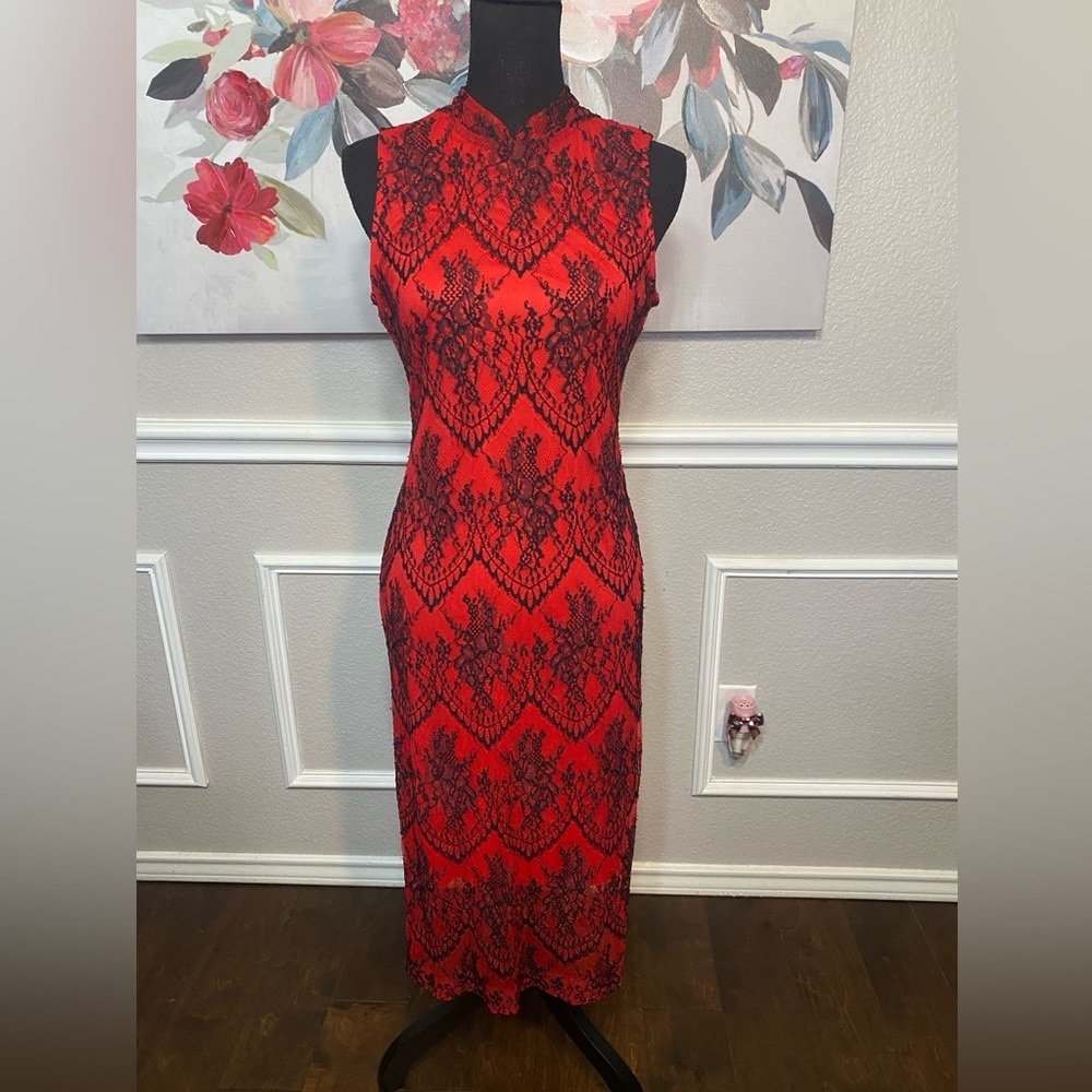 Eva Mendes Red and Black Sheath Dress